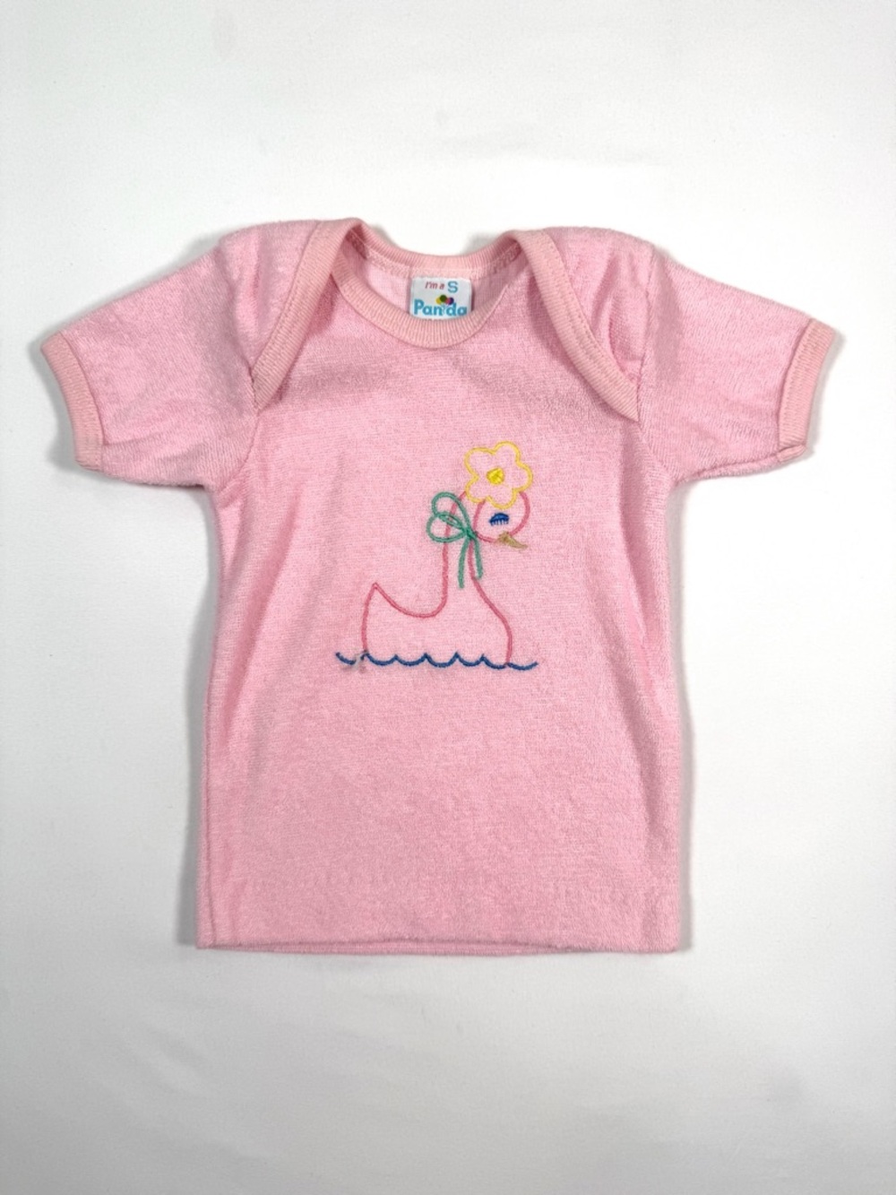 PANDA Baby Girls’ Pink Terry Cloth Swan Embroidered T-Shirt Preppy Spring Size S